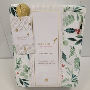 PAPYRUS Christmas Holly Berry FULL Sheet Set 100% Cotton Sateen 300 Thread Count
